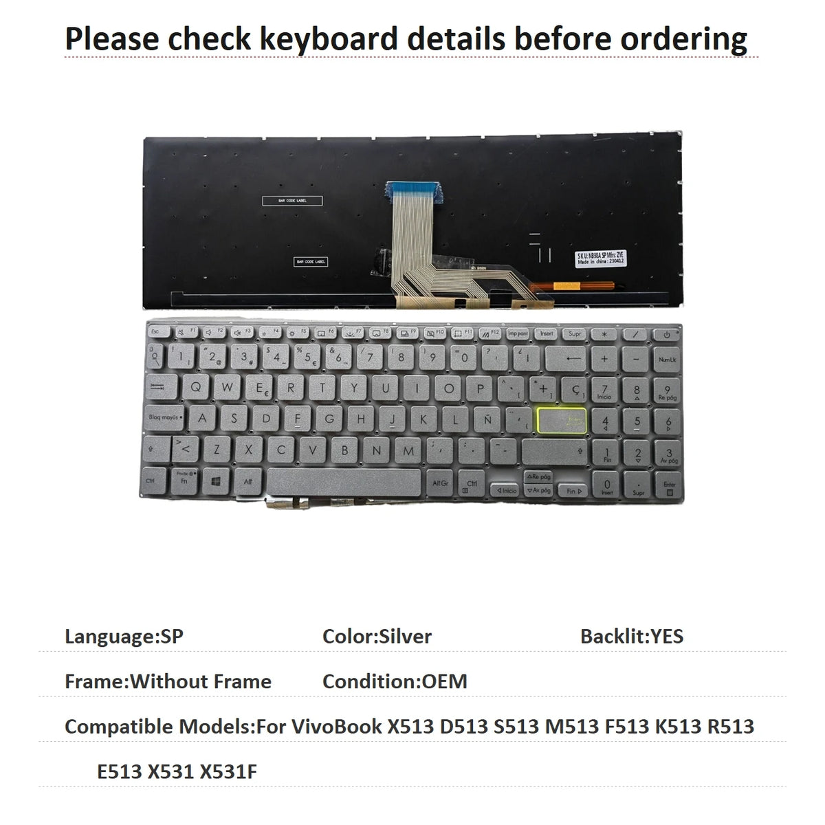 New US Russian Spanish UK Language  Backlit Keyboard For ASUS VivoBook X513 D513 S513 M513 F513 K513 R513 E513 X531 X531F ASUS laptop repair parts