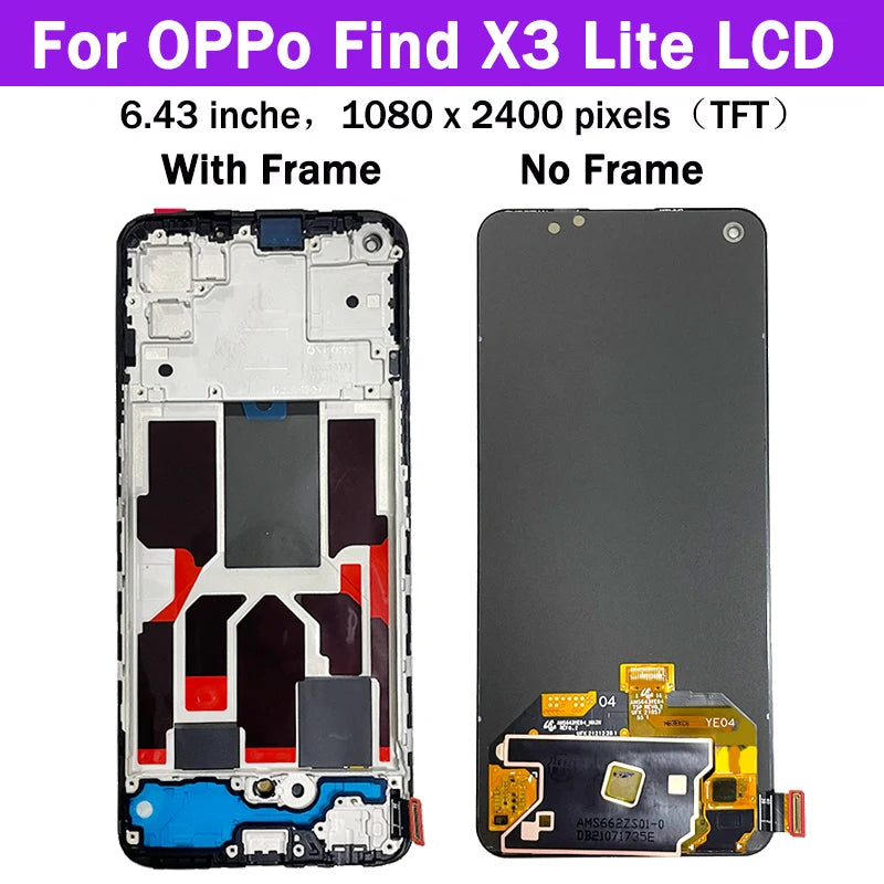 6.43" New AMOLED For Oppo Find X3 Lite LCD Display Screen Frame+Touch Panel Digitizer For Find X3Lite Display CPH2145 Frame Oppo phone repair parts Realme phone repair parts