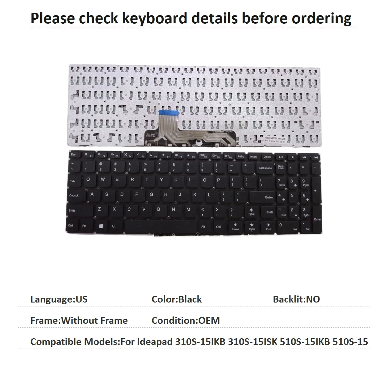 New US Spanish Language  Backlit Keyboard For Lenovo Ideapad 310S-15IKB 310S-15ISK 510S-15IKB 510S-15 Replacement Keyboard Lenovo laptop repair parts