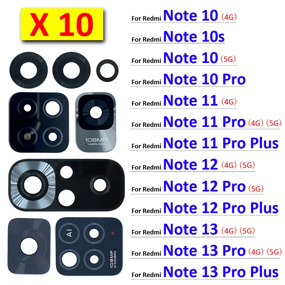 10Pcs, Camera Glass Lens Back Rear Camera Glass Lens For Redmi Note 10 10s 11 12 13 Pro Plus 4G 5G With Adhesive Redmi phone repair parts