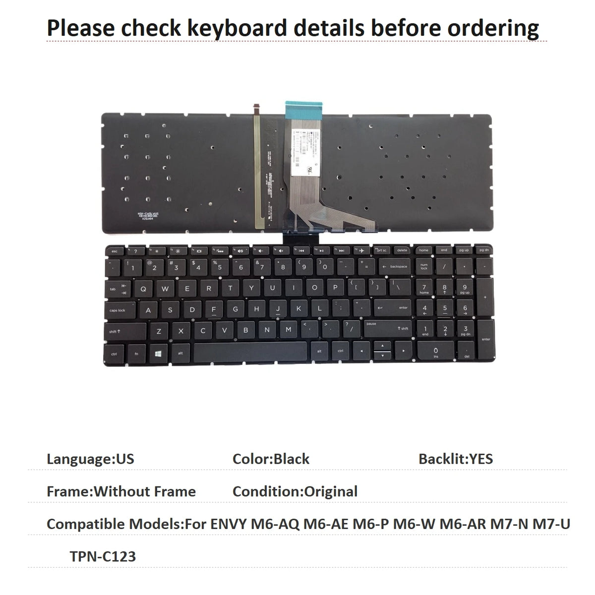 New US Language  Backlit Keyboard For HP ENVY M6-AQ M6-AE M6-P M6-W M6-AR M7-N M7-U TPN-C123 Notebook PC Replacement Keyboard  HP laptop repair parts