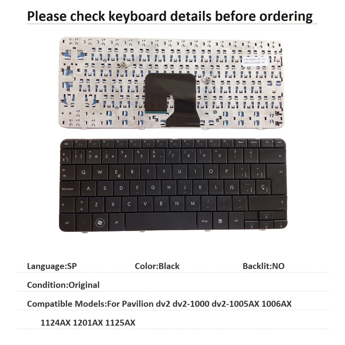 New Spanish Language  Keyboard For HP Pavilion dv2 dv2-1000 dv2-1005AX 1006AX 1124AX 1201AX 1125AX Replacement Keyboard  HP laptop repair parts