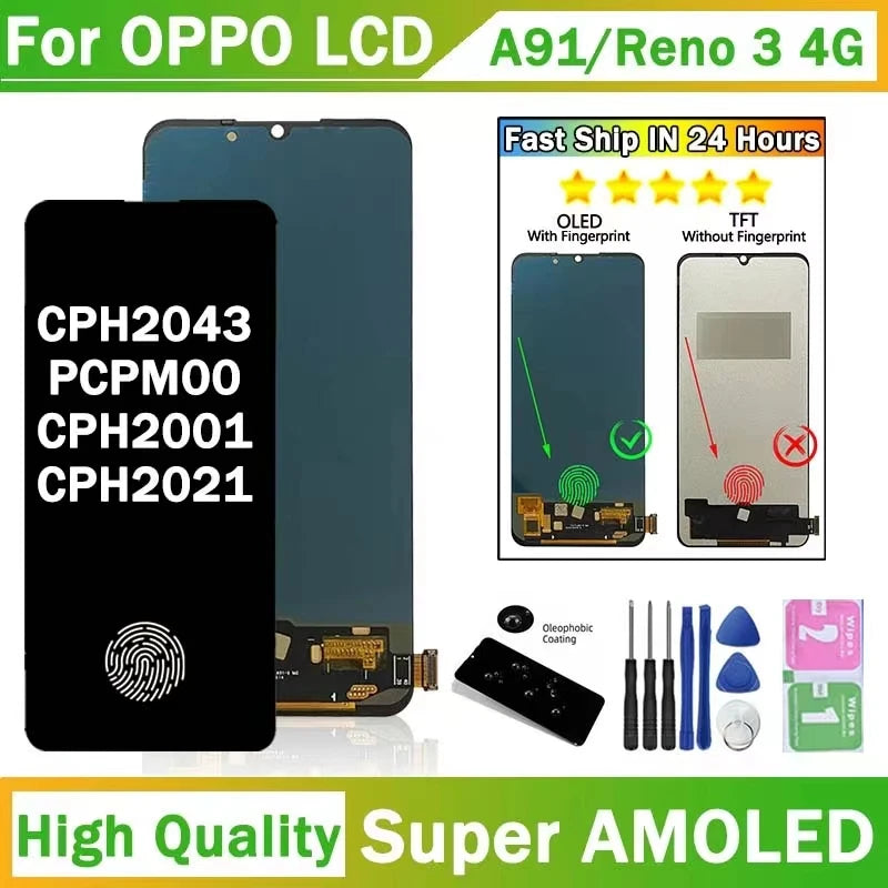 6.4' 100% Test For Oppo Reno 3 Reno3 4G CPH2043 LCD Display Touch Screen Digitizer For Oppo A91 PCPM00 LCD Frame Oppo phone repair parts Realme phone repair parts