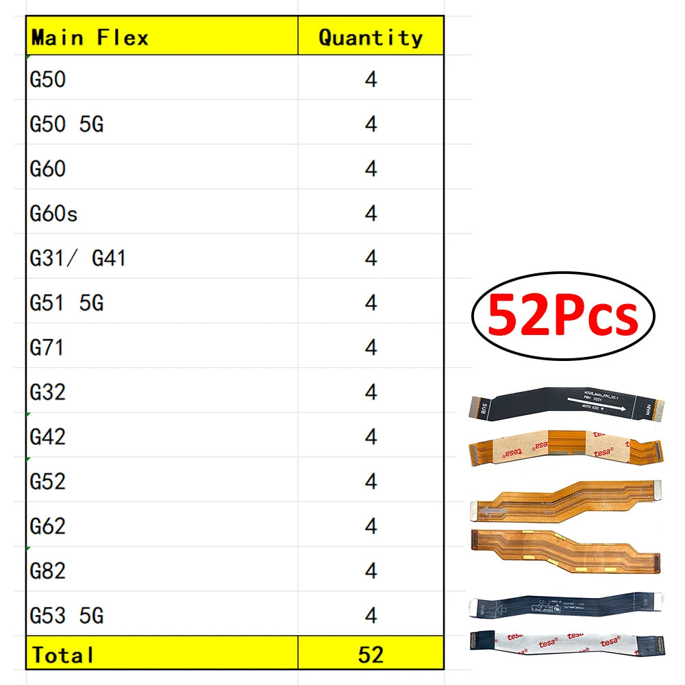 26Pcs, Mainboard Main Board Motherboard Connector Flex Cable For Moto G50 G60 G60s G31 G41 G51 G71 G32 G52 G42 G62 G82 G53 4G 5G Motorola phone repair parts