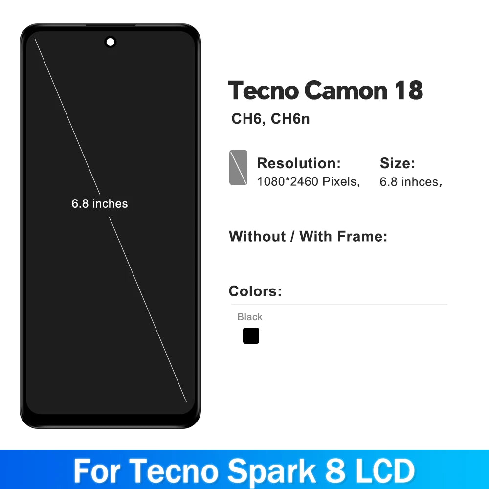 6.8'' For Tecno Camon 18 CH6n LCD Display Touch Screen Digitizer For Tecno Camon 18 CH6 LCD Assembly Replacement Parts 100% Test Tecno phone repair parts