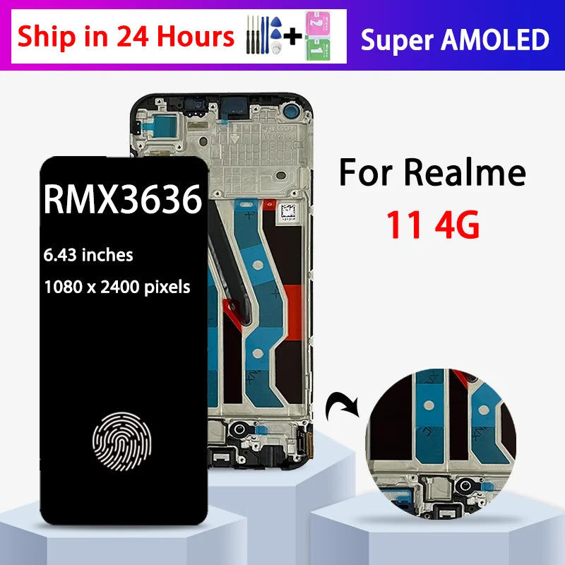 6.4'' Super AMOLED For Oppo Realme 11 4G LCD RMX3636 Display Touch Screen With Frame For Realme11 4G Display Replacement  Oppo phone repair parts