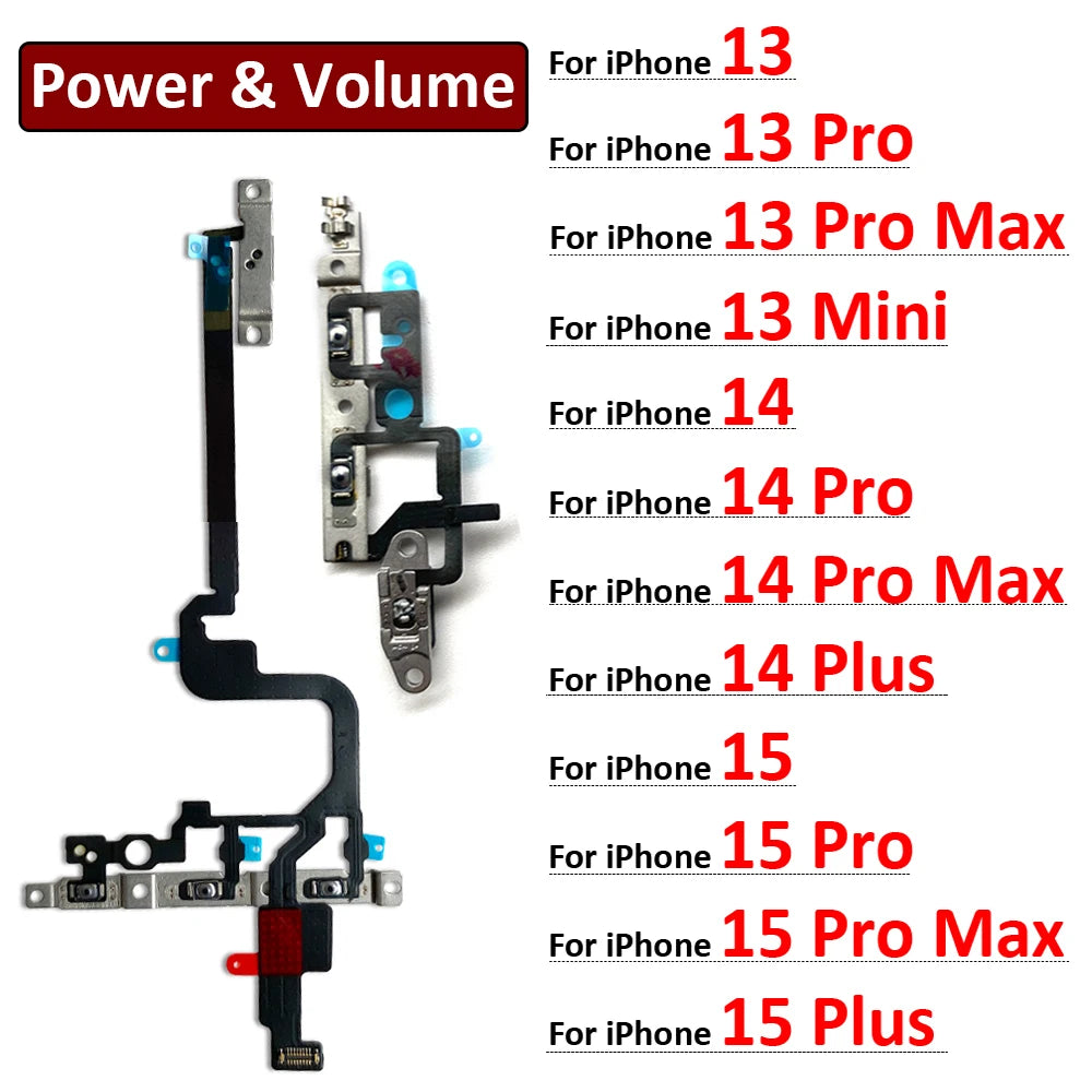 Power On Off Flex For IPhone 13 14 15 Pro Max Plus Mini Volume Up Down Side Button Key Ribbon Flex Cable With Metal iPhone phone repair parts