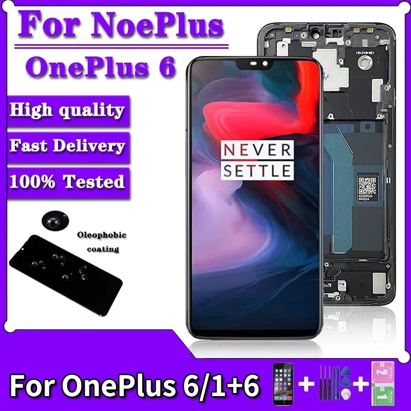 100% Test For Oneplus 6 LCD A6000 A6003 Touch Screen Digitizer Display Replacement Assembly Parts With Frame For One Plus 6 LCD  OnePlus phone repair parts