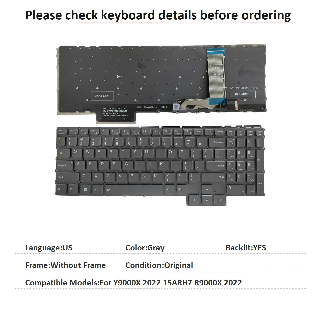 New US Russian Spanish Language  RGB Keyboard For Lenovo Y9000X 2022 15ARH7 R9000X 2022 Notebook PC Replacement Keyboard Lenovo laptop repair parts