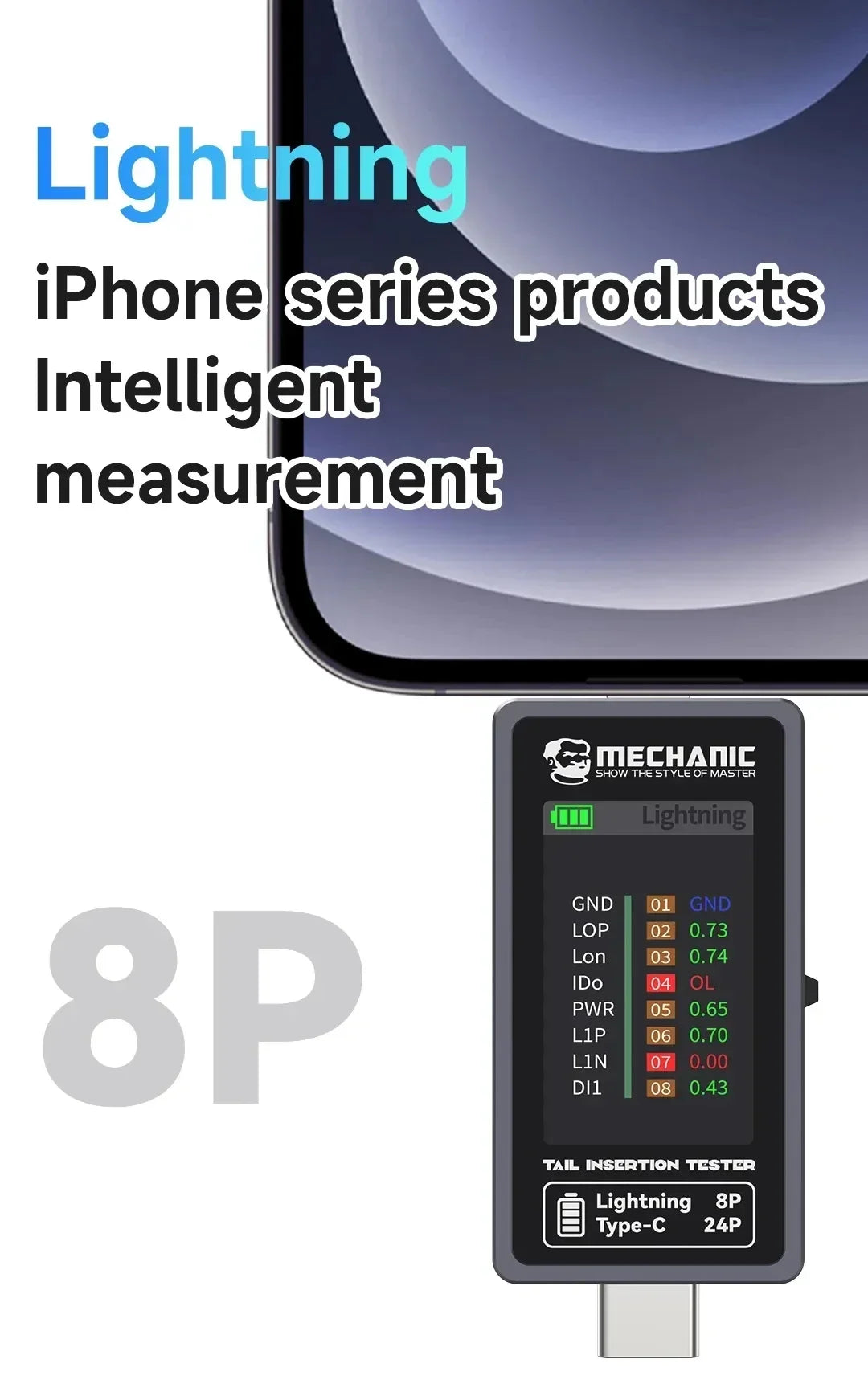 Mechanic T-824 No Disassembly Required Mobile Phone Tail Insertion Detector Digital Display Current Power Check Independent Pin Professional Repair Tools