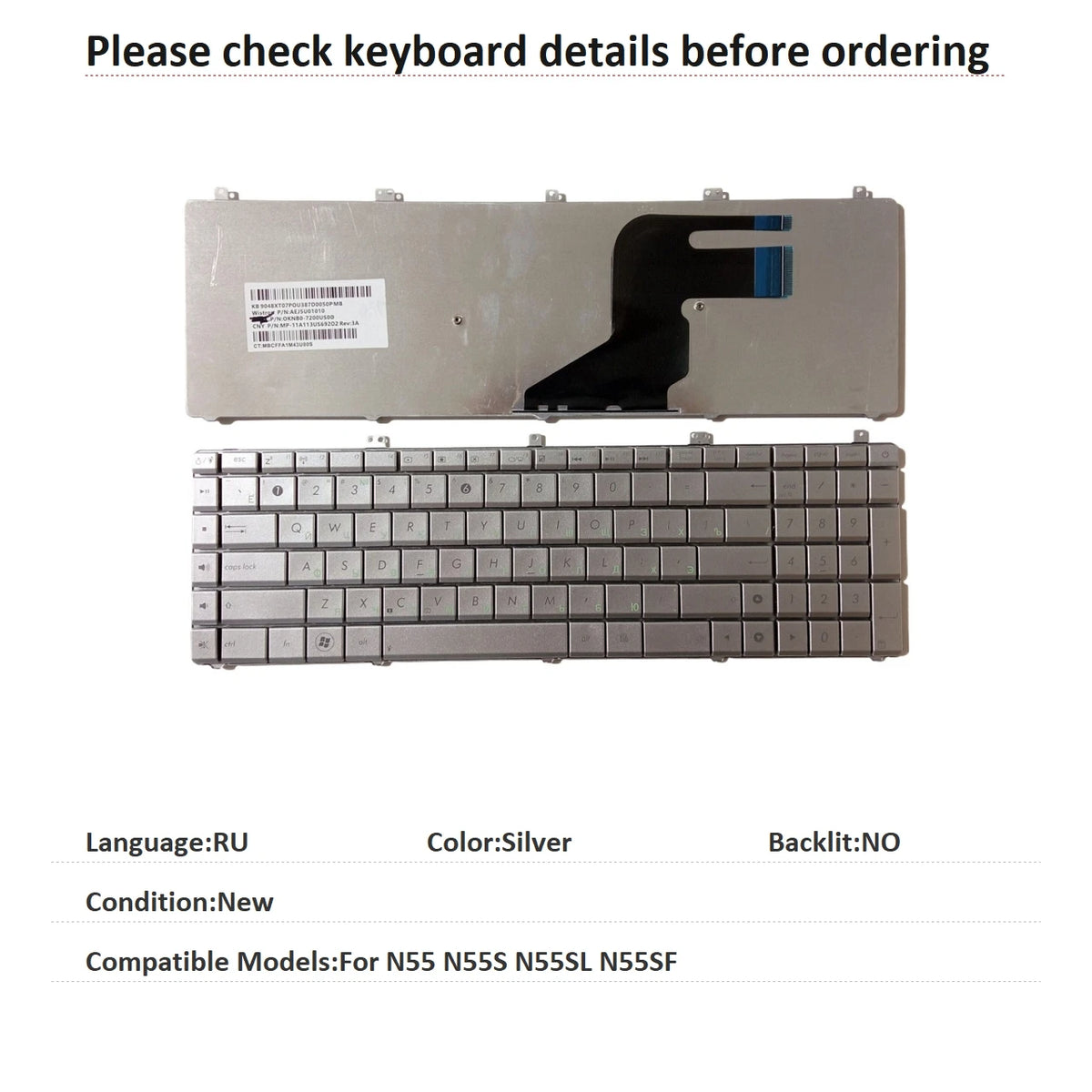 New US Russian Language  Keyboard For ASUS N55 N55S N55SL N55SF Notebook PC Replacement Keyboard ASUS laptop repair parts