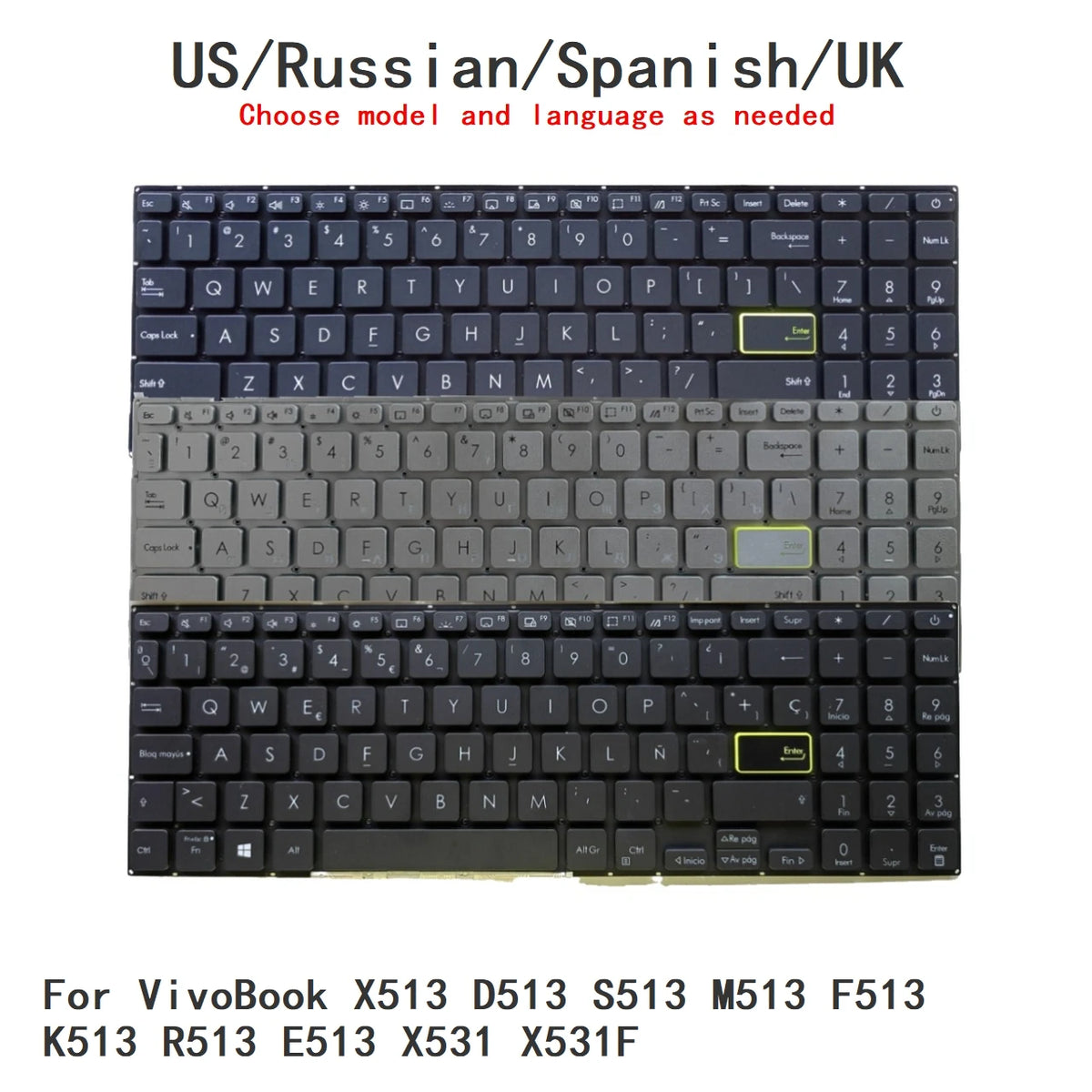 New US Russian Spanish UK Language  Backlit Keyboard For ASUS VivoBook X513 D513 S513 M513 F513 K513 R513 E513 X531 X531F ASUS laptop repair parts