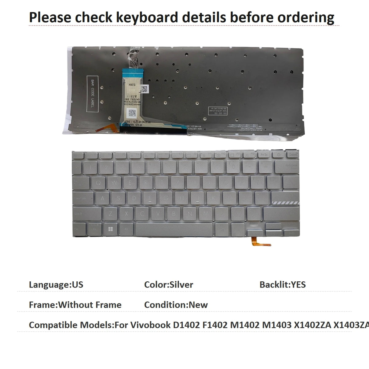 New US Language  Backlit Keyboard For ASUS Vivobook D1402 F1402 M1402 M1403 X1402ZA X1403ZA Notebook PC Replacement Keyboard  ASUS laptop repair parts