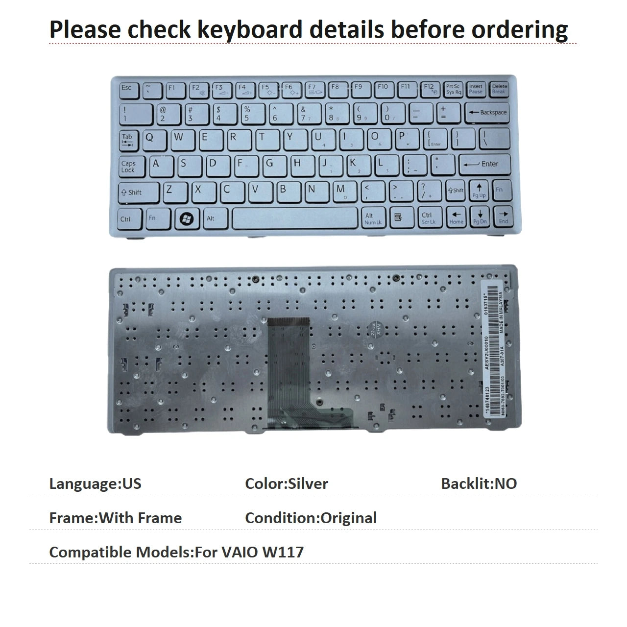 New US Language  Keyboard For Sony VAIO W117 Notebook PC Replacement Keyboard  SONY laptop repair parts