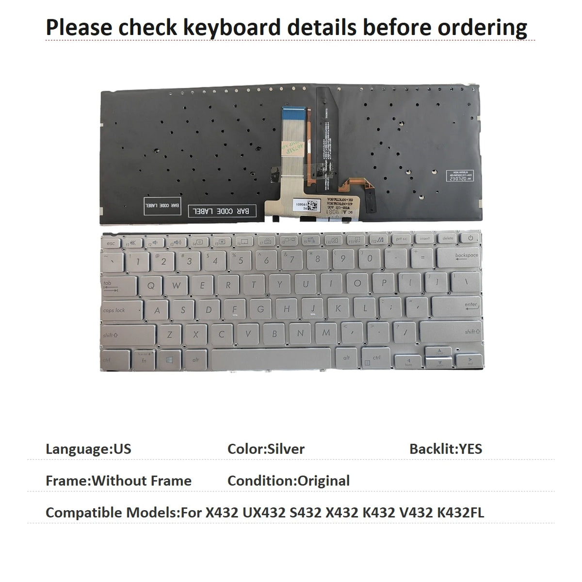 New US Language  Backlit Keyboard For ASUS X432 UX432 S432 X432 K432 V432 K432FL Notebook PC Replacement Keyboard  ASUS laptop repair parts