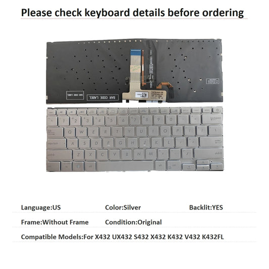 New US Language  Backlit Keyboard For ASUS X432 UX432 S432 X432 K432 V432 K432FL Notebook PC Replacement Keyboard  ASUS laptop repair parts