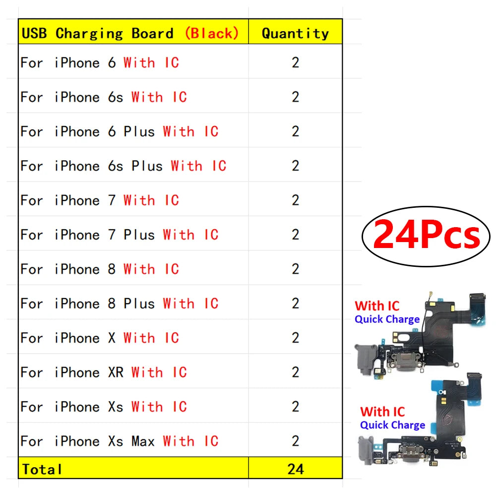 24Pcs，USB Charging Port Board Flex Cable Connector Microphone Module For iPhone 6 6S 7 8 Plus X XR XS Max iPhone phone repair parts