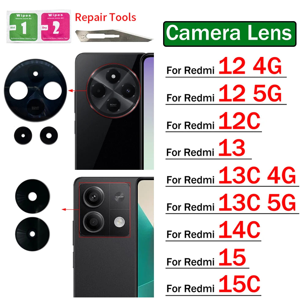 New Rear Back Camera Glass Lens For Xiaomi Redmi 12 12C 13 13C 14C 15 15C 4G 5G Camera Glass With Glue Adhesive  Xiaomi  Xiao mi phone repair parts
