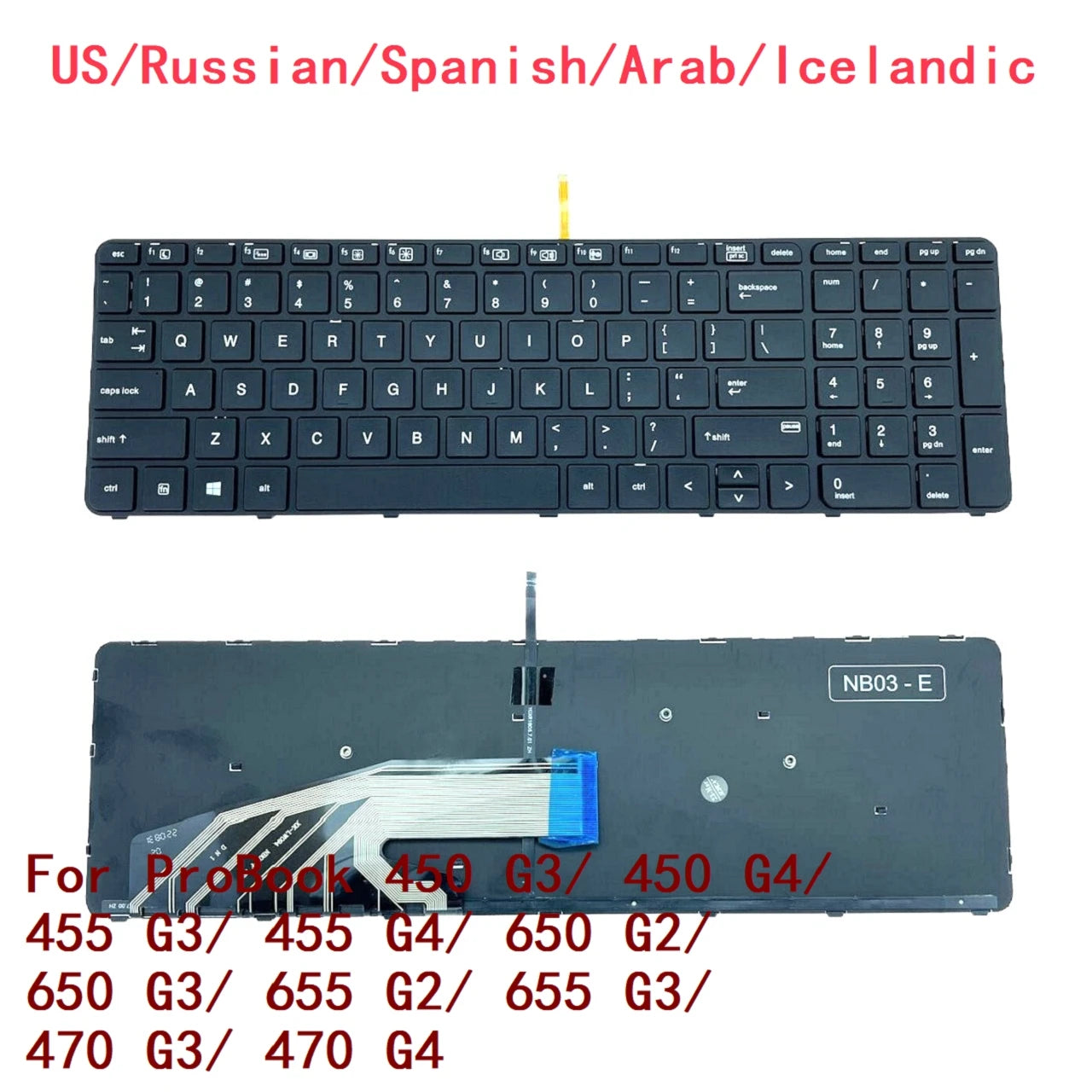 US RU SP AR IS Backlit Keyboard For HP ProBook 450 G3/ 450 G4/ 455 G3/ 455 G4/ 650 G2/ 650 G3/ 655 G2/ 655 G3/ 470 G3/ 470 G4  HP laptop repair parts