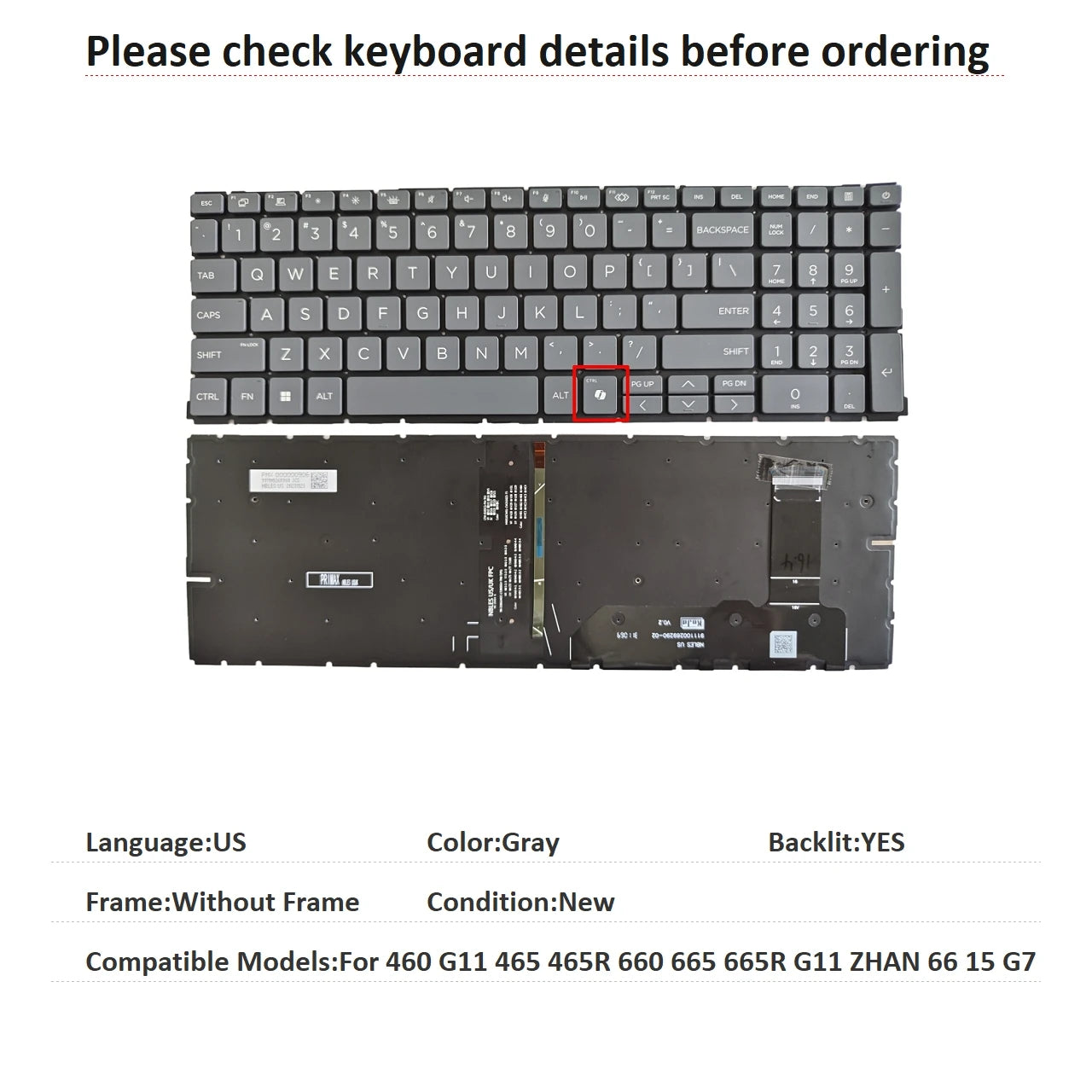 New US Spanish Latin UK Language  Backlit Keyboard For HP 460 G11 465 465R 660 665 665R G11 ZHAN 66 15 G7 Replacement Keyboard  HP laptop repair parts