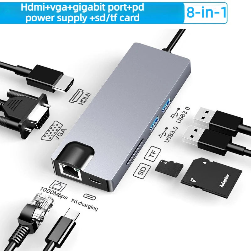 8K 4K 2K 30/60/240Hz USB Type C Docking Station to HDMI VGA RJ45 Adapter USB 3.0 HUB Splitter For Laptop phone Laptop Accessories