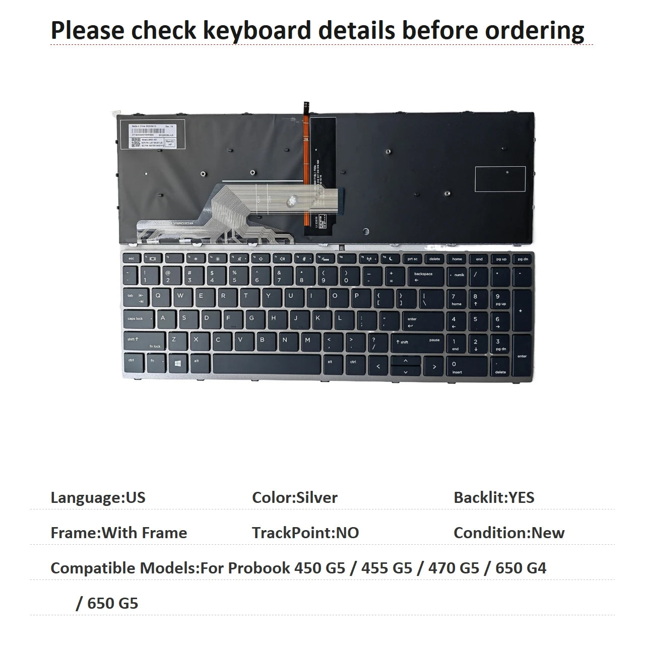 New US Russian Spanish Arab Language  Backlit Keyboard For HP Probook 450 G5 / 455 G5 / 470 G5 / 650 G4 / 650 G5 X8CA  HP laptop repair parts