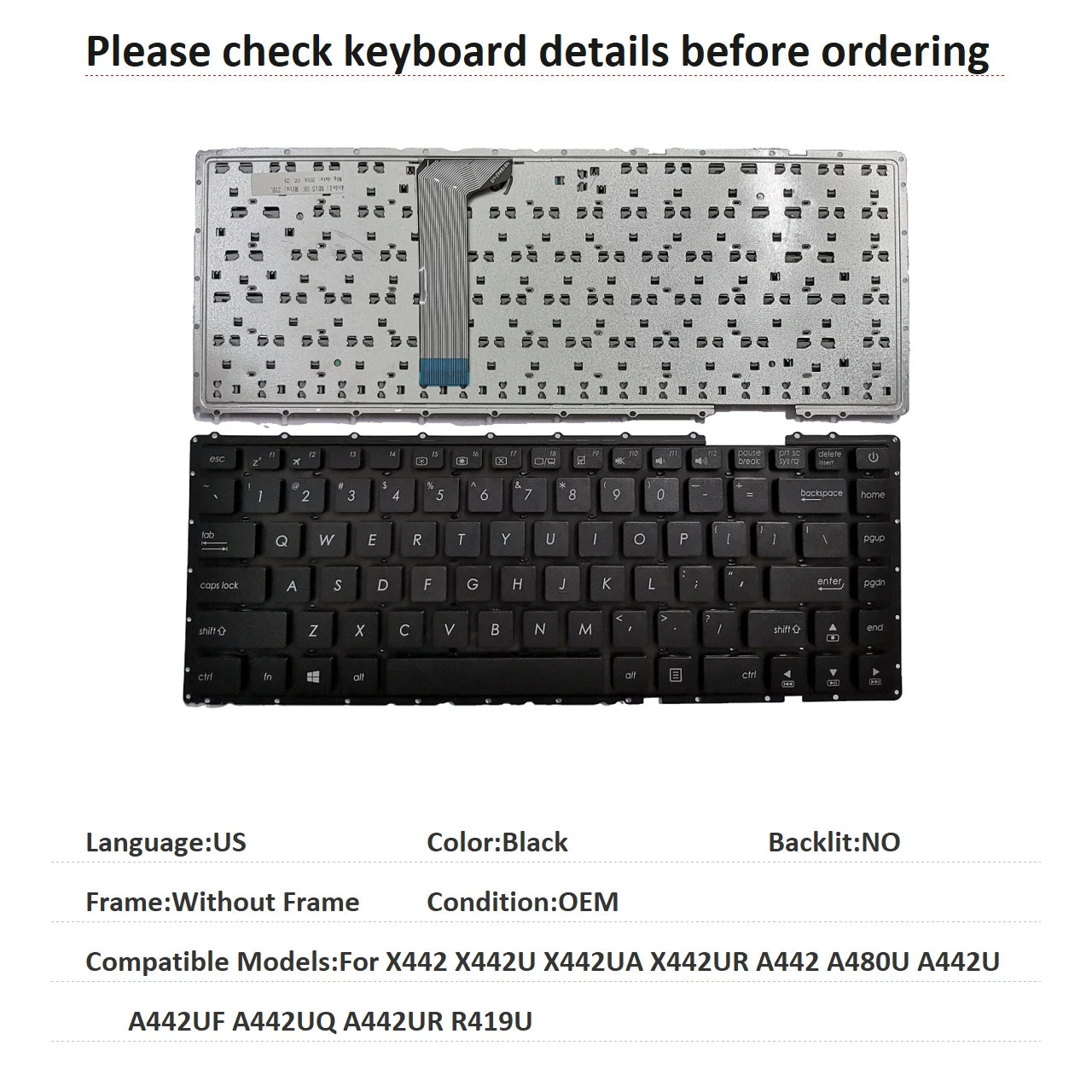 New US Spanish Language  Keyboard For ASUS X442 X442U X442UA X442UR A442 A480U A442U A442UF A442UQ A442UR R419U ASUS laptop repair parts