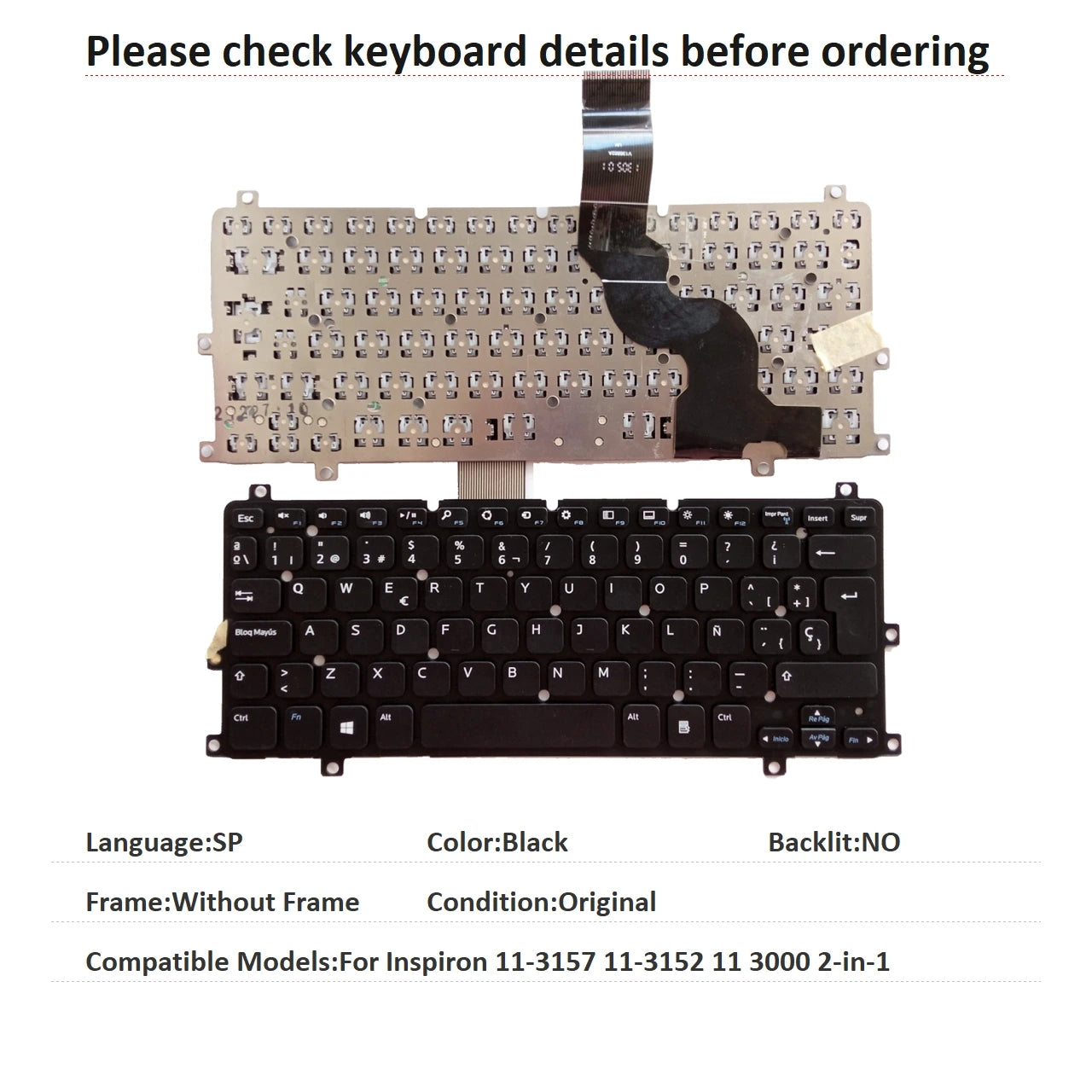 New US Spanish Language  Keyboard For Dell Inspiron 11-3157 11-3152 11 3000 2-in-1 Notebook PC Replacement KeyboardDell laptop repair parts