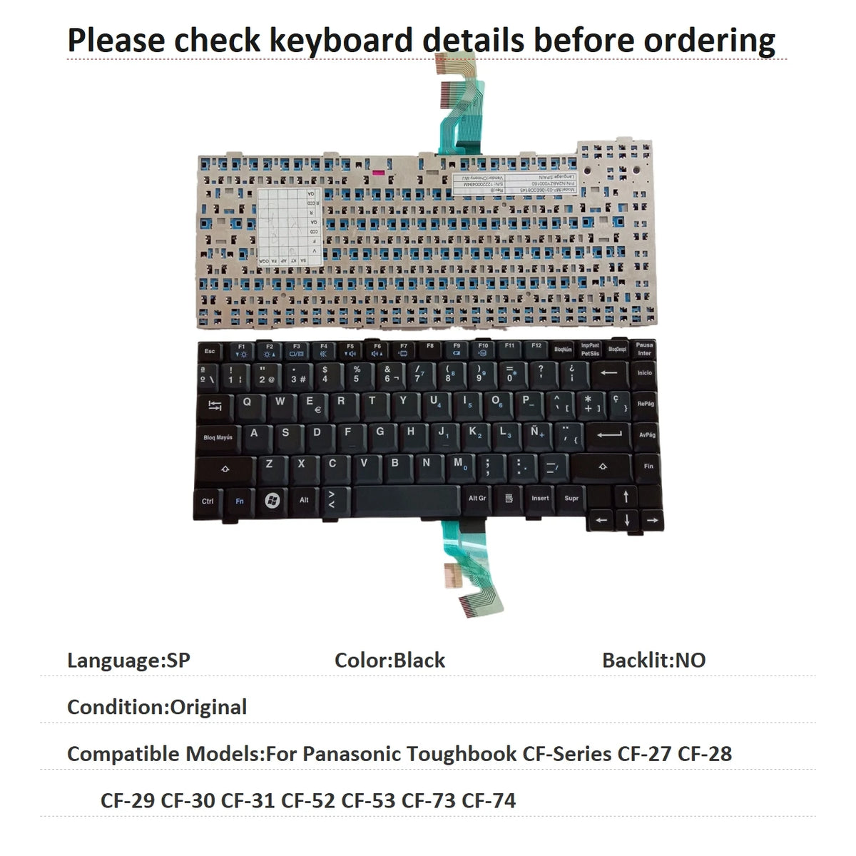 New Spanish Language  Keyboard For Panasonic Toughbook CF-Series CF-27 CF-28 CF-29 CF-30 CF-31 CF-52 CF-53 CF-73 CF-74