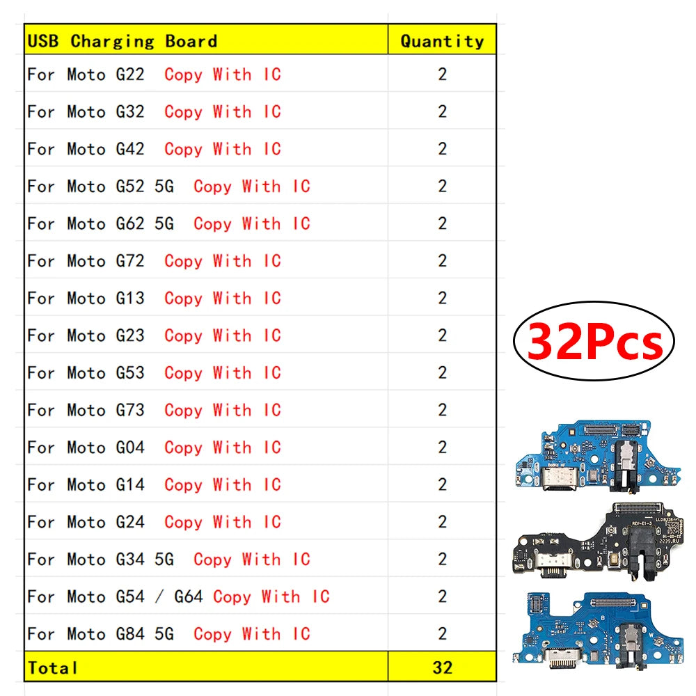 32Pcs, USB Charge Port Connector Charging Board Flex Cable For Moto G22 G32 G42 G52 G62 G72 G13 G23 G53 G73 G04 G14 G24 G34 5G Motorola phone repair parts