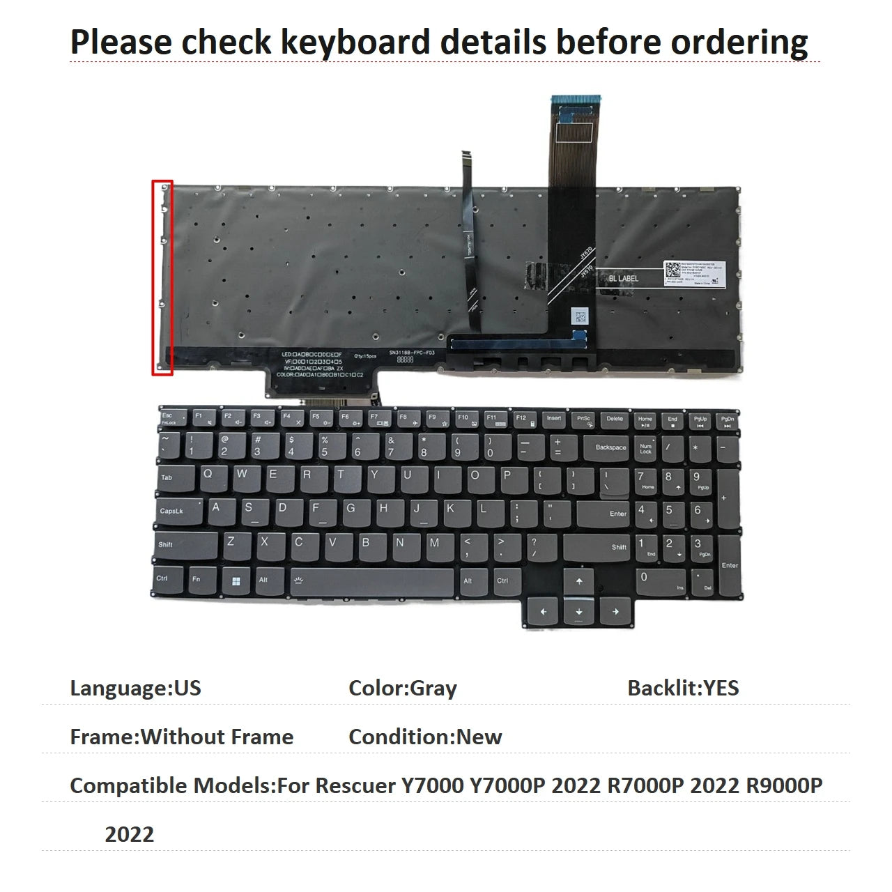 New US Language  Backlit Keyboard For Lenovo Rescuer Y7000 Y7000P 2022 R7000P 2022 R9000P 2022 Notebook PC Replacement Keyboard Lenovo laptop repair parts
