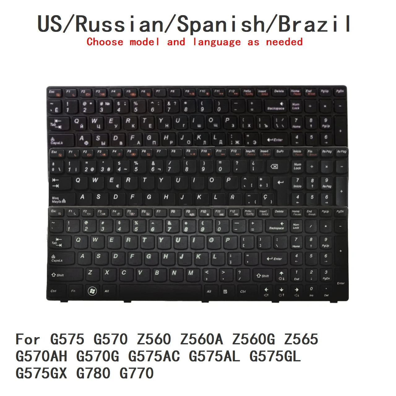 US Russian Spanish Brazil Keyboard For Lenovo G575 G570 Z560 Z560A Z560G Z565 G570AH G570G G575AC G575AL G575GL G575GX G780 G770 Lenovo laptop repair parts
