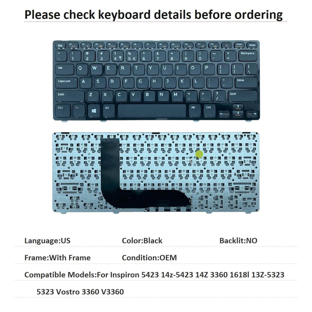 New US Language  Keyboard For Dell Inspiron 5423 14z-5423 14Z 3360 1618l 13Z-5323 5323 Vostro 3360 V3360 Replacement Keyboard DELL laptop repair parts