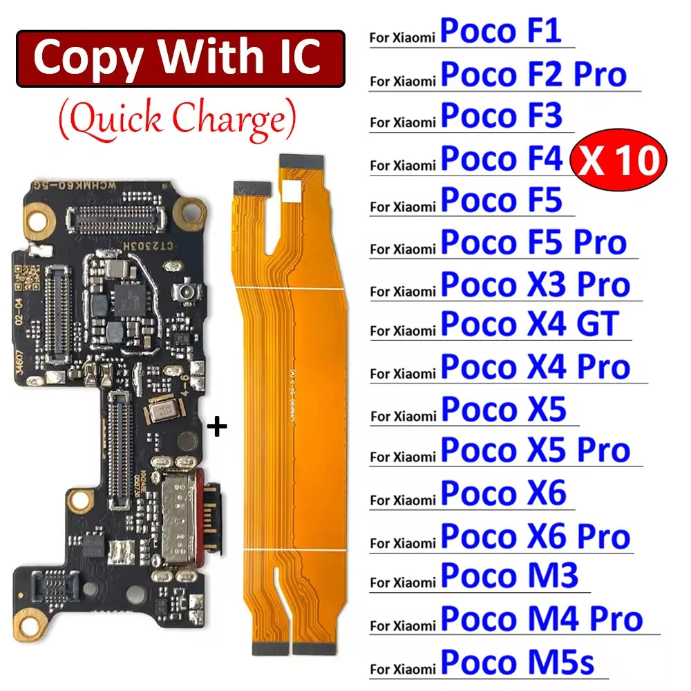 10Pcs/Lot, USB Charging Board Connector Port Dock Flex Cable For Xiaomi Poco F1 F2 F3 F4 F5 X3 X4 X5 X6 M3 M4 M5s Pro 4G 5G GT  Xiaomi  Xiao mi phone repair parts