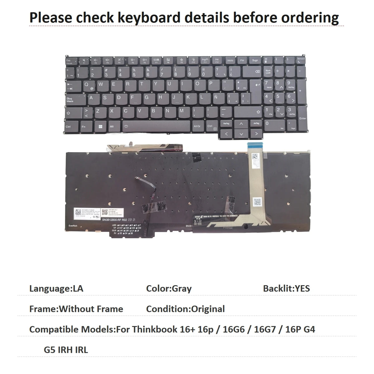 New US Spanish Latin Language  Backlit Keyboard For Lenovo Thinkbook 16+ 16p / 16G6 / 16G7 / 16P G4 G5 IRH IRL Lenovo laptop repair parts