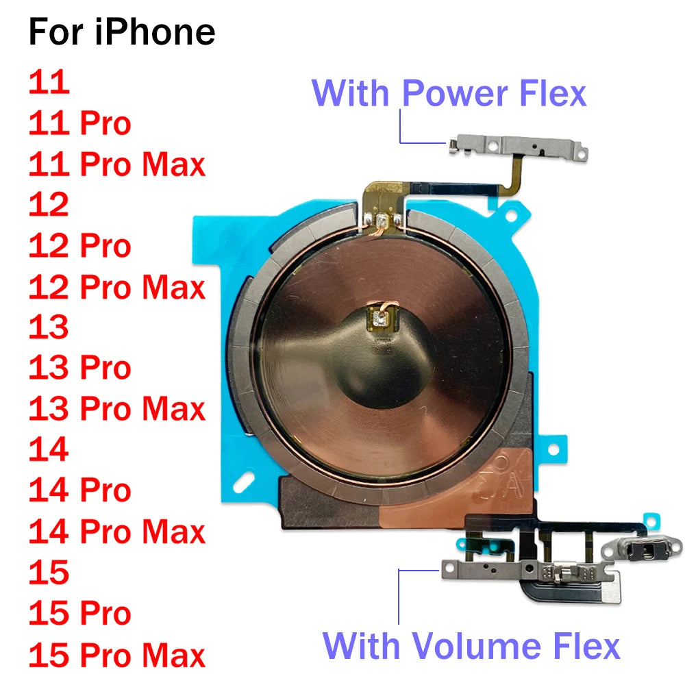Wireless Charging Coil Sticker With Power Volume Flex Cable For iPhone 11 12 13 14 15 Pro Max Wireless Charger Panel iPhone phone repair parts