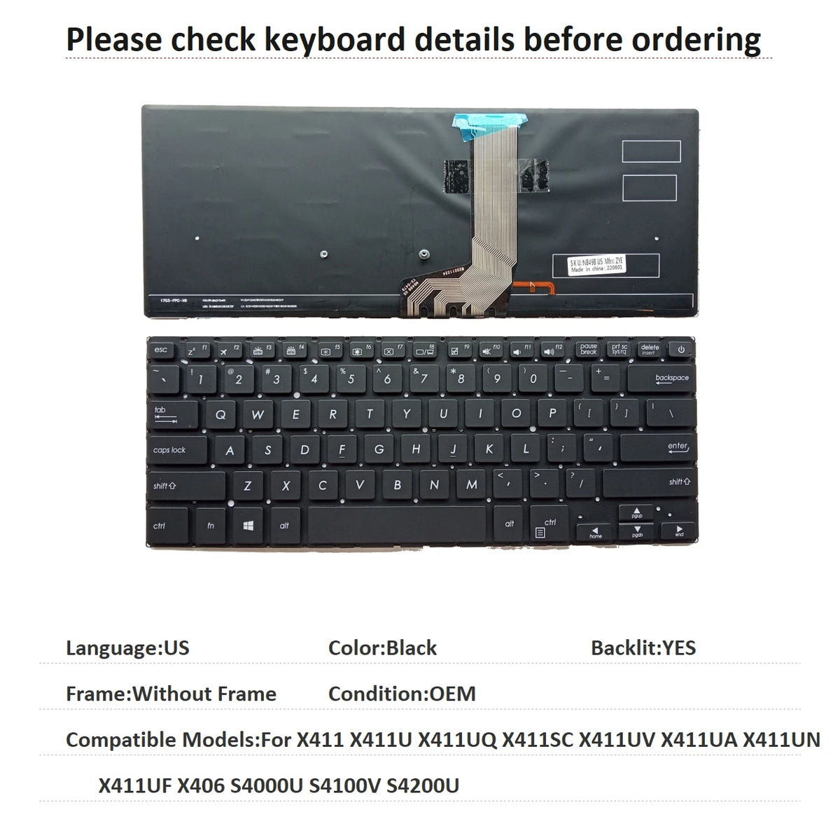 New US Spanish Backlit Keyboard For ASUS X411 X411U X411UQ X411SC X411UV X411UA X411UN X411UF X406 S4000U S4100V S4200U ASUS laptop repair parts
