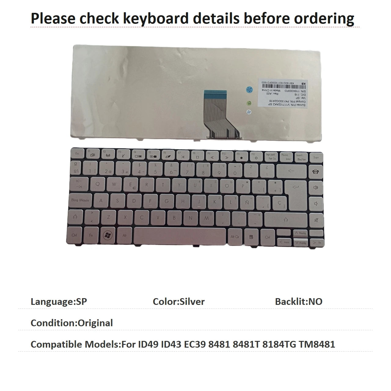 New US Spanish Language  Keyboard For Gateway ID49 ID43 EC39 8481 8481T 8184TG TM8481 Notebook PC Replacement Keyboard
