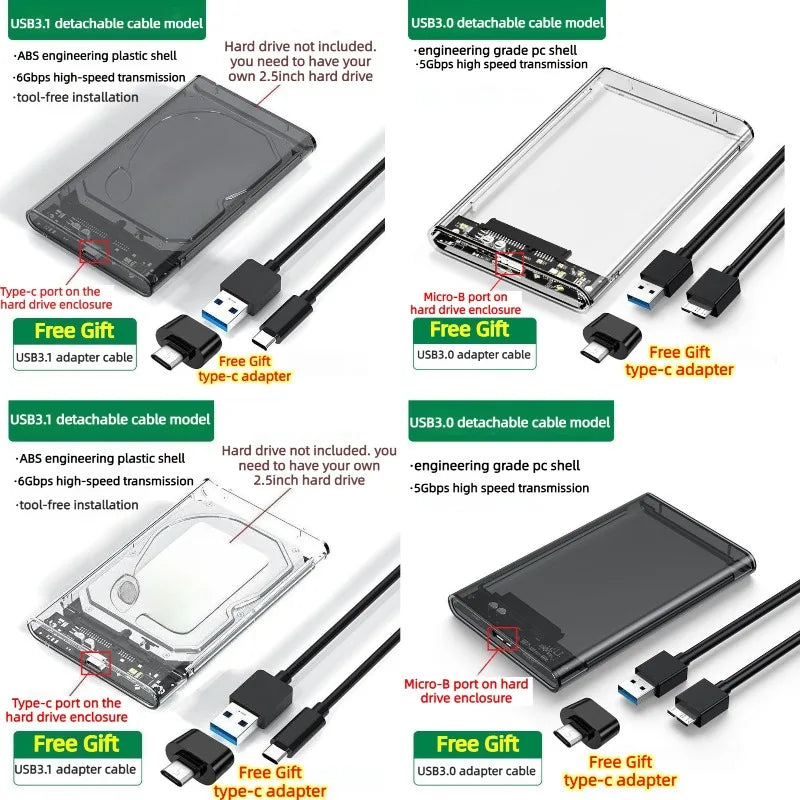 USB3.0 3.1 HDD Enclosure 2.5inch SATA SSD Hard Drive Case with 6Gbps Transfer Speed Mobile External Housing Harddisk Box typec Laptop Accessories