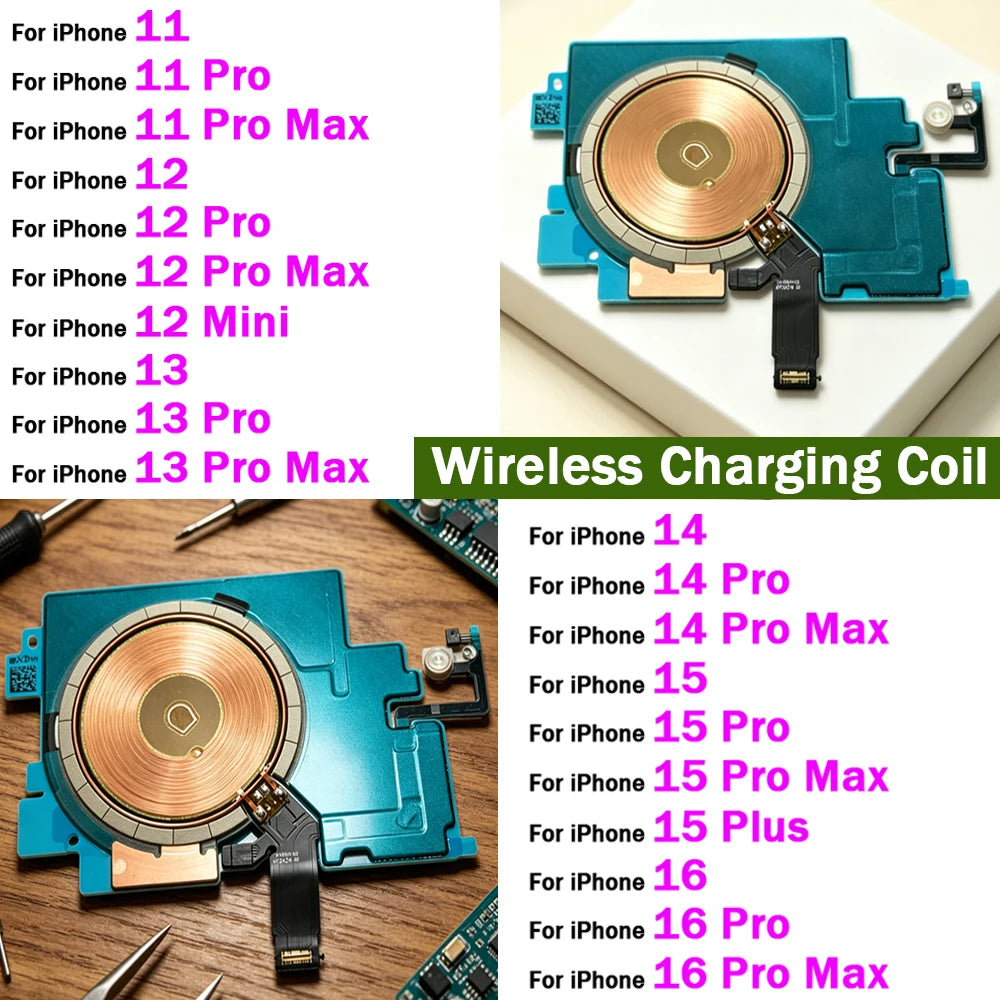Wireless Charging Chip Coil For iPhone 16 15 14 13 12 11 Pro Max Plus Mini With Magnet Power Volume Button Flex Charger Panel iPhone phone repair parts