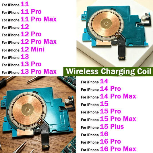 Wireless Charging Chip Coil For iPhone 16 15 14 13 12 11 Pro Max Plus Mini With Magnet Power Volume Button Flex Charger Panel iPhone phone repair parts