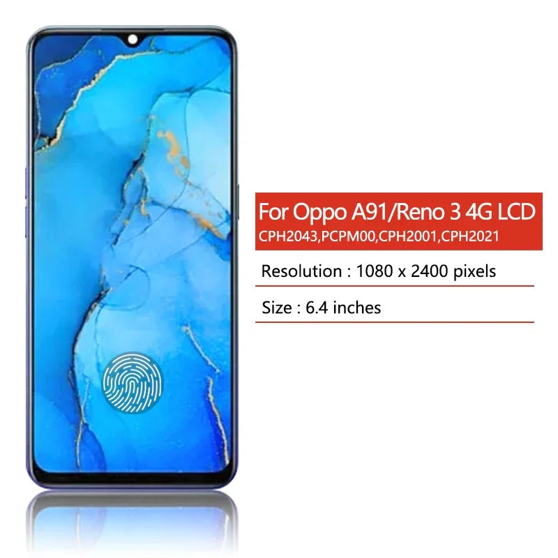6.4' 100% Test For Oppo Reno 3 Reno3 4G CPH2043 LCD Display Touch Screen Digitizer For Oppo A91 PCPM00 LCD Frame Oppo phone repair parts Realme phone repair parts
