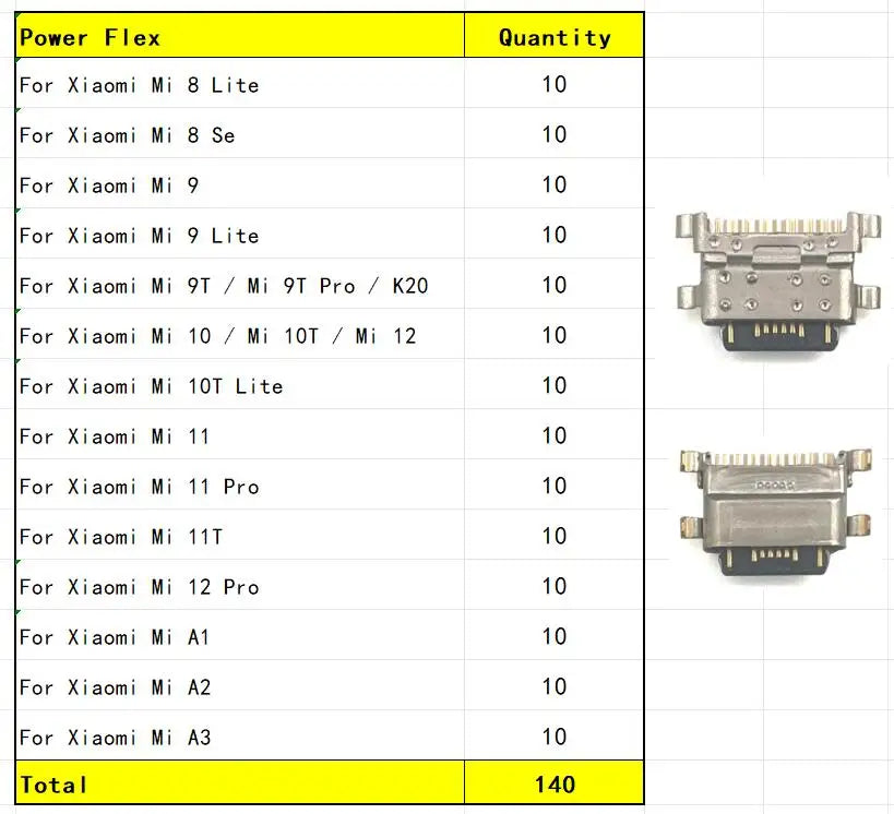 100Pcs New For Xiaomi Mi 8 9 Se 9T 10 10T 11 11T 12 Lite Pro Mi A1 A2 A3 Charger Micro USB Charging Port Dock Connector Socket  Xiaomi  Xiao mi phone repair parts