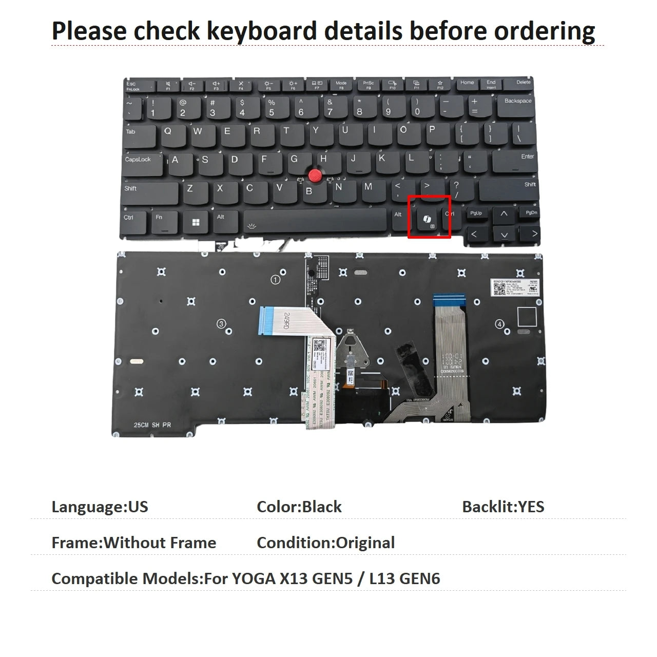 New US Language  Backlit Keyboard For Lenovo Thinkpad YOGA X13 GEN5 / L13 GEN6 Notebook PC Replacement Keyboard Lenovo laptop repair parts