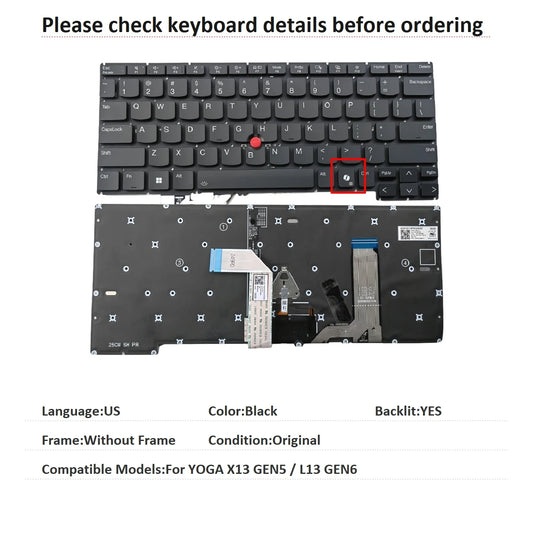 New US Language  Backlit Keyboard For Lenovo Thinkpad YOGA X13 GEN5 / L13 GEN6 Notebook PC Replacement Keyboard Lenovo laptop repair parts
