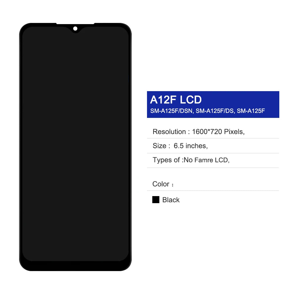 6.5'' A12 Display Screen with Frame, for Samsung Galaxy A12 A125 A125F Lcd Display Touch Screen Digitizer Assembly Replacement Samsung phone repair parts