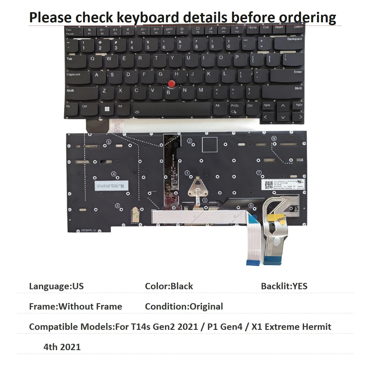New US Russian Spanish Language  Backlit Keyboard For Lenovo Thinkpad T14s Gen2 2021 / P1 Gen4 / X1 Extreme Hermit 4th 2021 (Is Lenovo laptop repair parts