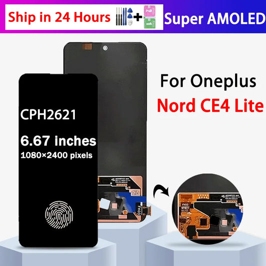 6.67“AMOLED For OnePlus Nord CE4 Lite LCD CPH2621 Display Touch Screen Digitizer For 1+CE4 Lite Display Replacement  OnePlus phone repair parts