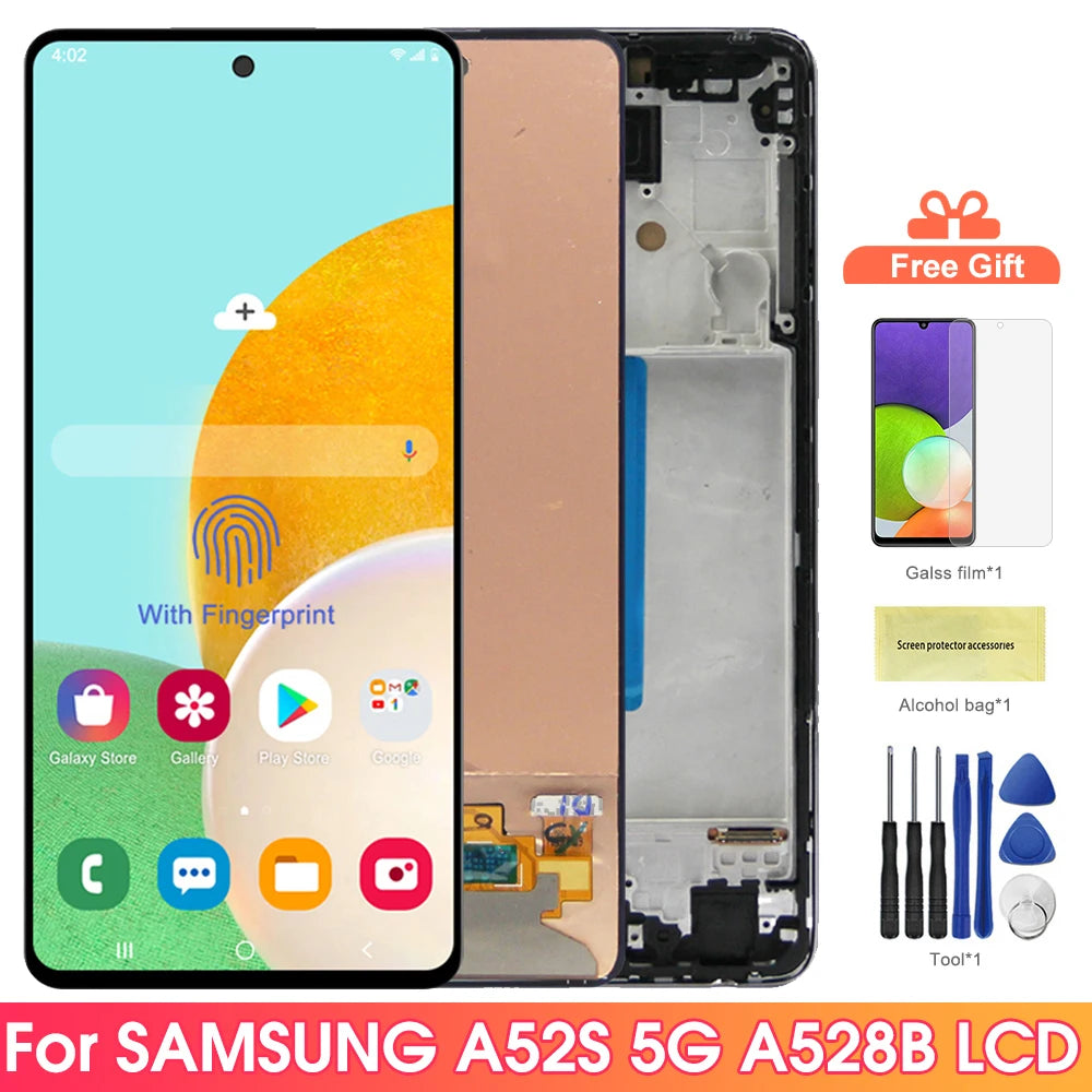 A52S 5G Display Screen Replacement, for Samsung Galaxy A52s 5G A528 A528B A528B/DS Lcd Display Digital Touch Screen with Frame Samsung phone repair parts