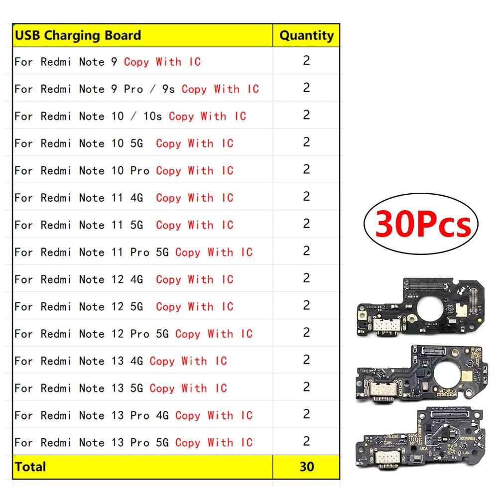 30Pcs, USB Charging Board Port Dock Charger Connector Board Flex Cable For Xiaomi Redmi Note 9 9s 10 10s 11 12 13 Pro 4G 5G  Xiaomi  Xiao mi phone repair parts
